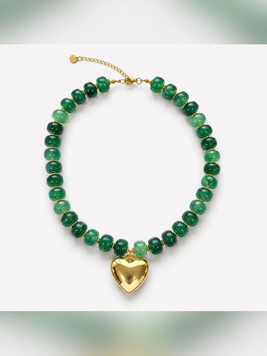 Mayamar Jewelry - Gold Heart Pendant Green Resin  Beaded Necklace